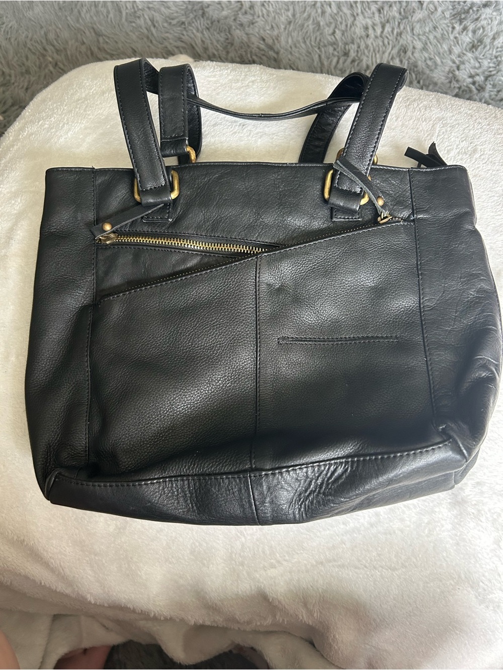 Everyday Black Leather Tote with Front Zip Pocket